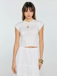 Koszulka damska z ażurowej dzianiny biała Alla 100. Białe t-shirty damskie Big Star, l, w ażurowe wzory, z dzianiny, bez kołnierzyka. Za 79.99 zł.