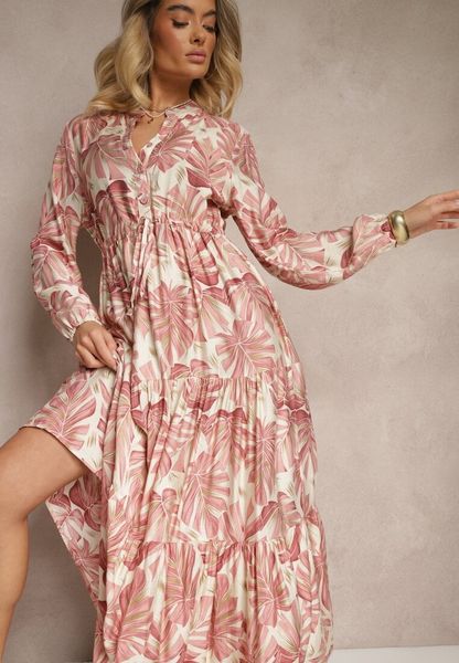 Ciemnoróżowa Rozkloszowana Sukienka z Wiskozą w Roślinny Wzór Edirionea. Czerwone sukienki damskie Renee, na co dzień, l, bez wzorów, z jeansu, klasyczne, bez kołnierzyka, bez ramiączek, maxi, proste. Za 119.99 zł.