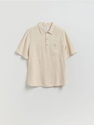 Koszula z dodatkiem lnu - beżowy. Brązowe koszule męskie Reserved, l, bez wzorów, z wiskozy, bez kołnierzyka, bez ramiączek. Za 129.99 zł.