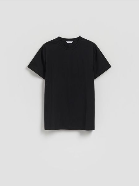 Gładki t-shirt regular fit - czarny. Czarne t-shirty męskie Reserved, l, bez wzorów, z bawełny, bez kołnierzyka. Za 79.99 zł.