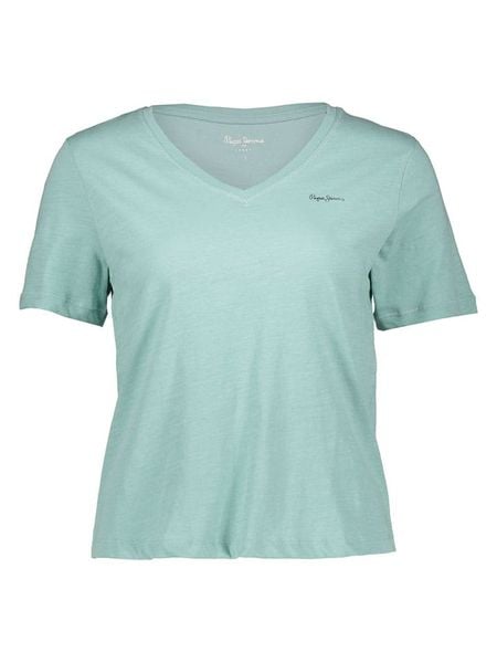 Pepe Jeans Koszulka w kolorze turkusowym rozmiar: M. Niebieskie bluzki damskie Pepe Jeans, m, bez wzorów, z jeansu, bez kołnierzyka, bez ramiączek. Za 87.61 zł.