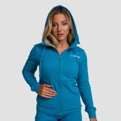 Bluza damska fitness z kapturem akwamarynowa Limitless Zip Up. Niebieskie bluzy sportowe damskie GYMBEAM, s, bez wzorów, z bawełny, bez ramiączek, długie, z kapturem. Za 127.90 zł.