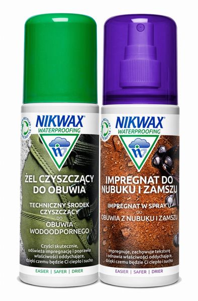 Zestaw do impregnacji i czyszczenia obuwia z nubuku i zamszu Nikwax 2 x 125 ml. Białe obuwie trekkingowe damskie Nikwax. Za 35.00 zł.