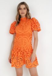 Pomarańczowa Sukienka Cilleis. Brązowe sukienki damskie Born2be, m, z aplikacjami, z koronki, eleganckie, bez kołnierzyka, bez ramiączek, mini. W wyprzedaży za 183.99 zł.