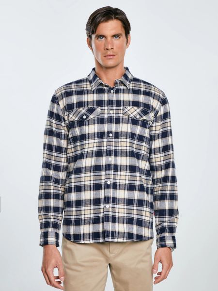 Koszula męska flanelowa w kratę beżowo-granatowa Kolisero 801. Brązowe koszule męskie Big Star, l, bez wzorów, z tkaniny, bez kołnierzyka, bez ramiączek. W wyprzedaży za 79.99 zł.