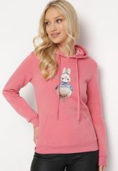 Różowa Bluza z Kapturem i Nadrukiem Diames. Czerwone bluzy z kapturem damskie Born2be, l, z polaru. Za 84.99 zł.
