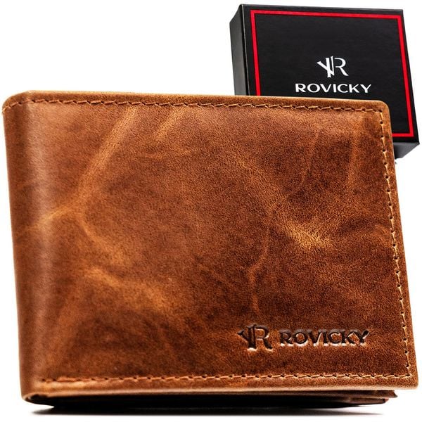 Skórzany portfel męski w brązowym kolorze bez zapięcia zewnętrznego - Rovicky. Brązowe portfele męskie ROVICKY, bez wzorów, ze skóry. Za 34.99 zł.