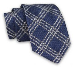 Granatowo-Biały Elegancki Męski Krawat -ALTIES- 7cm, Stylowy, Klasyczny, w Grubą Kratkę. Niebieskie krawaty i muchy męskie Alties, bez wzorów, z tkaniny, eleganckie. Za 49.00 zł.