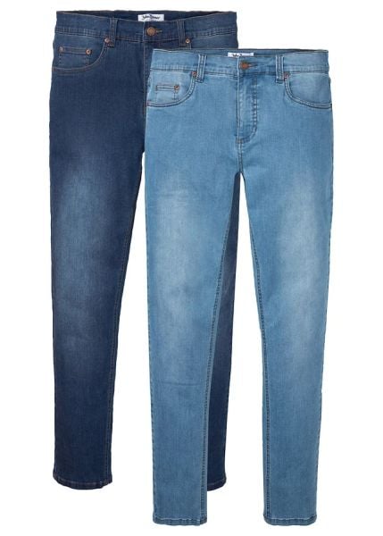 Dżinsy z wysoką domieszką stretchu ze zwężaną nogawką, slim fit (2 szt.). Niebieskie jeansy męskie bonprix. Za 299.99 zł.