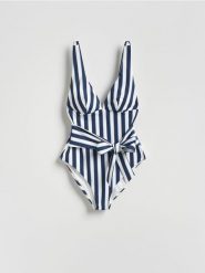 Jednoczęściowy strój kąpielowy - granatowy. Niebieskie stroje jednoczęściowe damskie Reserved, bez wzorów. Za 129.99 zł.