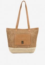 Ciemnobeżowa Torebka Typu Shopper z Plecionką Felarena. Brązowe shopper bag damskie Renee, bez wzorów, z jeansu, bez dodatków. Za 74.99 zł.