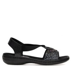 Sandały Rieker. Czarne sandały damskie Rieker, bez wzorów, bez obcasa, na płaskiej podeszwie. Za 289.99 zł.