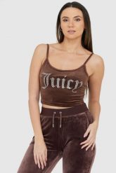 JUICY COUTURE Brązowy welurowy top z błyszczącym logo. Brązowe topy damskie Juicy Couture, s, bez wzorów, z weluru, bez kołnierzyka. W wyprzedaży za 169.99 zł.