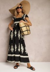 Czarna Wiskozowa Sukienka Boho z Falbankami i Gumką w Talii na Szerokich Ramiączkach Dreria. Czarne sukienki damskie Renee, na co dzień, l, w ażurowe wzory, z materiału, boho, bez kołnierzyka, bez ramiączek, maxi, proste. Za 109.99 zł.