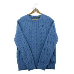 Second life - Sweter męski z plecioną dzianiną 100% coton - Jak nowy. Niebieskie swetry męskie Ralph Lauren, m, bez wzorów, z bawełny, bez kołnierzyka. Za 234.96 zł.