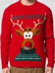 Sweter świąteczny - czerwony. Czerwone swetry męskie Sinsay, l, bez wzorów, bez kołnierzyka. Za 59.99 zł.