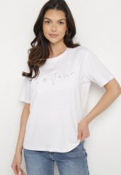Biały T-shirt z Bawełny o Kroju Oversize z Haftem i Cekinami Uliowena. Białe t-shirty damskie Born2be, m, bez wzorów, z bawełny, bez kołnierzyka. Za 34.99 zł.