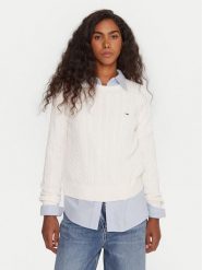 Tommy Jeans Sweter Cable Essential DW0DW22165 Biały Regular Fit. Białe swetry klasyczne damskie Tommy Jeans, l, z bawełny, bez kołnierzyka. Za 319.99 zł.