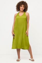Damskie Sukienka mini krój trapezowy dekolt w szpic bez rękawów. Zielone sukienki damskie Ulla Popken, plus size, bez wzorów, z materiału, bez kołnierzyka, plus size, bez ramiączek, mini, trapezowe. Za 223.99 zł.
