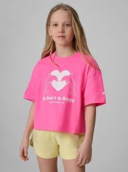 4F T-shirt loose z nadrukiem dziewczęcy - różowy 122/128 (6-8 lat). Czerwone koszulki dziewczęce 4f, bez wzorów, z bawełny, bez ramiączek. Za 49.99 zł.
