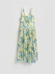 Sukienka w kwiaty - wielobarwny. Sukienki damskie Reserved, l, bez wzorów, z tkaniny, bez kołnierzyka, bez ramiączek, rozkloszowane. Za 179.99 zł.