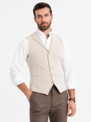 Dopasowana elegancka męska kamizelka z elastanem i klapami – beżowa V2 OM-BLZV-0145 - XXL. Brązowe kamizelki męskie Ombre Clothing, l, z dzianiny. Za 143.99 zł.