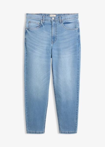 Jeansy Mom high waist cropped. Niebieskie jeansy damskie bonprix, z podwyższonym stanem. Za 142.99 zł.