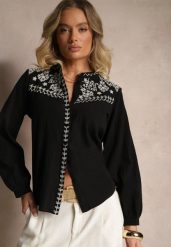 Czarna Bawełniana Koszula Boho z Haftowanym Wzorem Gonniva. Czarne koszule damskie Renee, l, bez wzorów, z bawełny, boho, bez kołnierzyka, bez ramiączek. Za 89.99 zł.