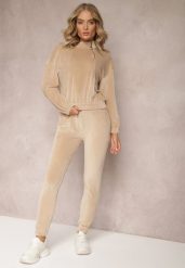 Beżowy Komplet Dresowy z Weluru ze Ściągaczami i Bluzą z Kapturem Rerafina. Brązowe bluzy z kapturem damskie Renee, m, z dresówki. Za 149.99 zł.