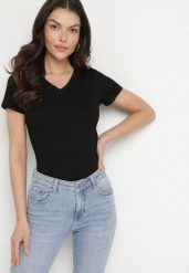 Czarny T-shirt z Bawełny z Trójkątnym Dekoltem Semiora. Czarne t-shirty damskie Born2be, m, bez wzorów, z bawełny, bez kołnierzyka. Za 34.99 zł.