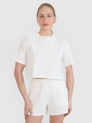 4F T-shirt crop top z waflowej dzianiny damski - biały L. Białe t-shirty damskie 4f, l, bez wzorów, z bawełny, bez kołnierzyka. W wyprzedaży za 49.99 zł.