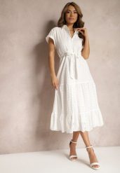 Biała Koszulowa Sukienka z Ażurowej Bawełny Wiązana w Talii Lulilena. Białe sukienki damskie Renee, na spacer, na lato, l, w ażurowe wzory, z bawełny, eleganckie, bez kołnierzyka, bez ramiączek, maxi, kopertowe. W wyprzedaży za 153.99 zł.