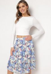 Niebiesko-Biała Spódnica Rozkloszowana w Kwiatowy Print Hastaria. Niebieskie spódniczki damskie Born2be, l, bez wzorów, eleganckie, z podwyższonym stanem, midi, dopasowane. Za 89.99 zł.