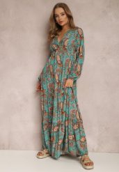 Niebieska Sukienka Demestra. Niebieskie sukienki damskie Renee, na lato, l, bez wzorów, boho, bez kołnierzyka, bez ramiączek, maxi, kopertowe. W wyprzedaży za 90.99 zł.