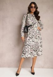 Ciemnobeżowa Rozkloszowana Sukienka Midi z Falbanką i Gumką w Talii Viglira. Brązowe sukienki damskie Renee, na imprezę, l, bez wzorów, eleganckie, bez kołnierzyka, bez ramiączek, midi, rozkloszowane. W wyprzedaży za 76.99 zł.