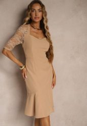Beżowa Dopasowana Sukienka Vices o Asymetrycznym Fasonie Zdobiona Koronką Natileira. Brązowe sukienki damskie Renee, na spotkanie biznesowe, l, z aplikacjami, z koronki, eleganckie, z asymetrycznym kołnierzem, bez ramiączek, midi, asymetryczne. W wyprzedaży za 69.99 zł.