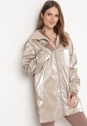 Beżowa Kurtka Dwustronna z Nieodpinanym Kapturem i Metalicznym Efektem Lirednil. Brązowe kurtki damskie Born2be, l, bez wzorów. Za 189.99 zł.