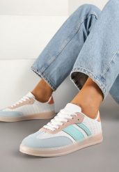 Biało-Niebieskie Sneakersy Tenisówki Ozdobione Paskami Amodira. Białe trampki i tenisówki damskie Renee, bez wzorów, z jeansu. Za 74.99 zł.