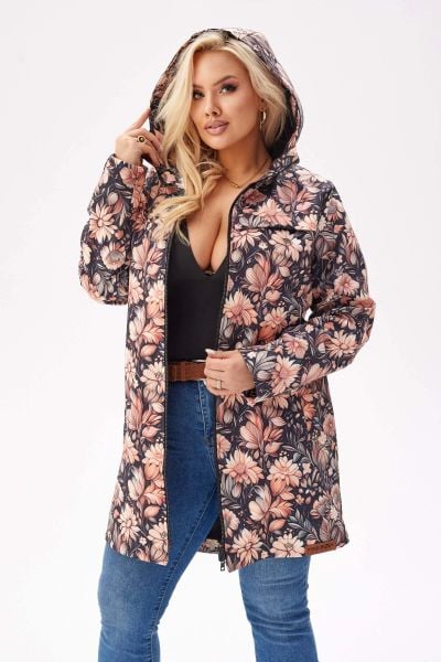 Lekka kurtka przejściowa SOFTSHELL z kapturem w kwiaty w odcieniach beżu i brzoskwini OVERSIZE PLUS SIZE XXL JESIEŃ. Brązowe kurtki softshell damskie Moda Size Plus Iwanek, m, bez wzorów, z bawełny, z kapturem. Za 559.90 zł.