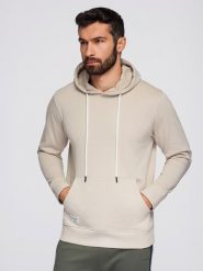 Męska bluza dresowa BASIC kangurka z kapturem - jasnobeżowa V1. Brązowe bluzy z kapturem męskie Ombre Clothing, m, z bawełny. Za 155.99 zł.