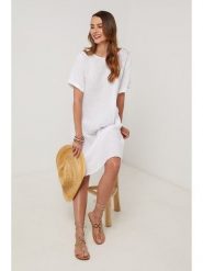 Lin Passion Lniana sukienka w kolorze białym rozmiar: 38/40. Białe sukienki damskie Lin Passion, na co dzień, bez wzorów, ze lnu, klasyczne, bez kołnierzyka, bez ramiączek, midi, proste. Za 143.99 zł.