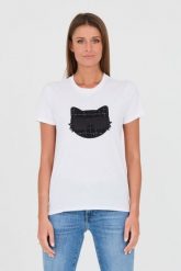 KARL LAGERFELD Biały t-shirt Boucle Choupette. Białe t-shirty damskie Karl Lagerfeld, s, bez wzorów, z bawełny, bez kołnierzyka. W wyprzedaży za 299.99 zł.