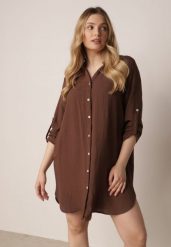 Brązowa Sukienka Oversize z Bawełny o Prostym Kroju Koszulowym Elanistra. Brązowe sukienki damskie Born2be, na co dzień, m, bez wzorów, z bawełny, eleganckie, bez kołnierzyka, bez ramiączek, mini, koszulowe. Za 109.99 zł.