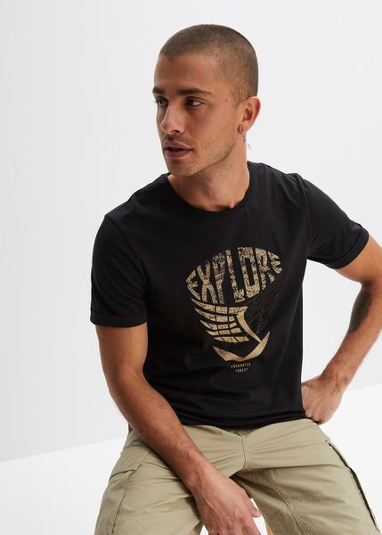 T-shirt z bawełny organicznej. Czarne t-shirty męskie bonprix, l, bez wzorów, z bawełny, bez kołnierzyka. Za 59.99 zł.