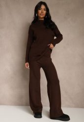 Brązowy Komplet z Wełną i Bawełną Szerokie Spodnie i Sweter o Długim Kroju Reilissa. Brązowe spodnie materiałowe damskie Renee, bez wzorów, z bawełny. Za 139.99 zł.