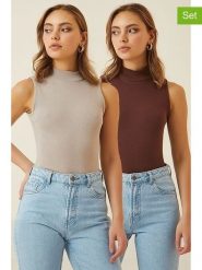 Happiness Istanbul Topy (2 szt.) w kolorze beżowym i brązowym rozmiar: S/M. Brązowe topy damskie Happiness Istanbul, m, bez wzorów, bez kołnierzyka. Za 60.99 zł.