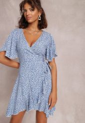 Niebieska Sukienka Pasyxo. Niebieskie sukienki damskie Renee, s, z aplikacjami, z wiskozy, bez kołnierzyka, bez ramiączek, mini, kopertowe. W wyprzedaży za 55.99 zł.