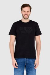 GUESS T-shirt czarny slim fit. Czarne t-shirty męskie Guess, l, z aplikacjami, bez kołnierzyka. W wyprzedaży za 129.99 zł.