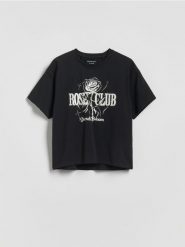 T-shirt z metalicznym nadrukiem - czarny. Czarne koszulki dziewczęce Reserved, bez wzorów, z bawełny, bez ramiączek. Za 27.99 zł.