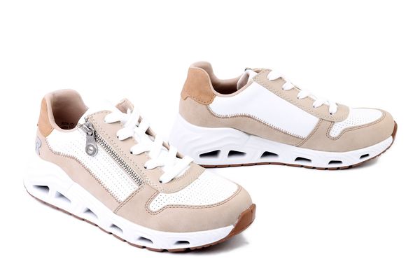 RIEKER N5204-80 white combination, półbuty damskie. Brązowe półbuty damskie Rieker, bez wzorów, bez obcasa. Za 359.90 zł.